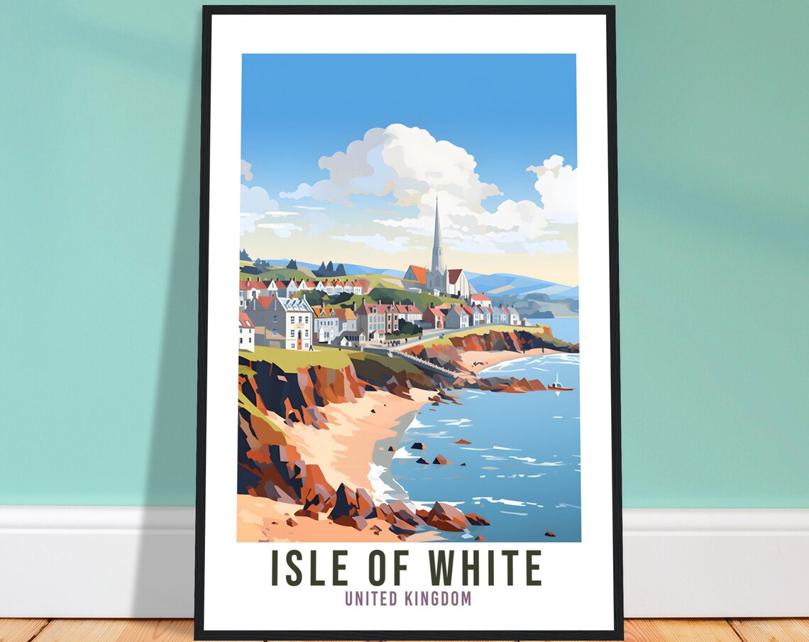 Isle of White England Coastal Town Church Spire Retro Travel Poster