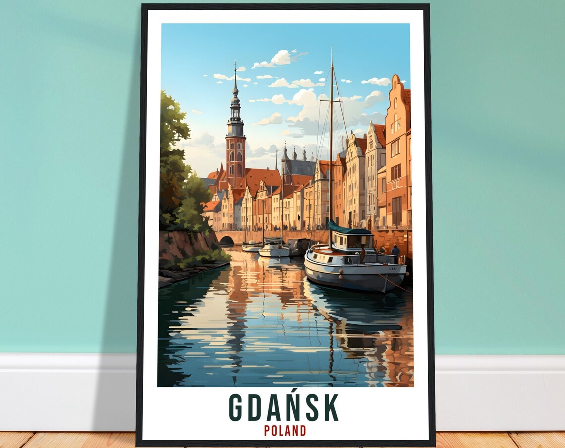 Gdansk Poland Harbor Boats River Waterfront Illustration Travel Poster