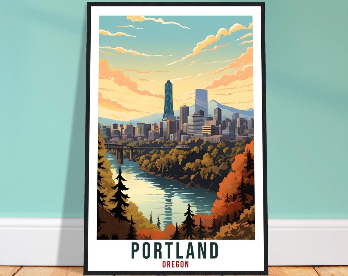 Portland Oregon River City Skyline Autumn Hills Scenic Art Poster