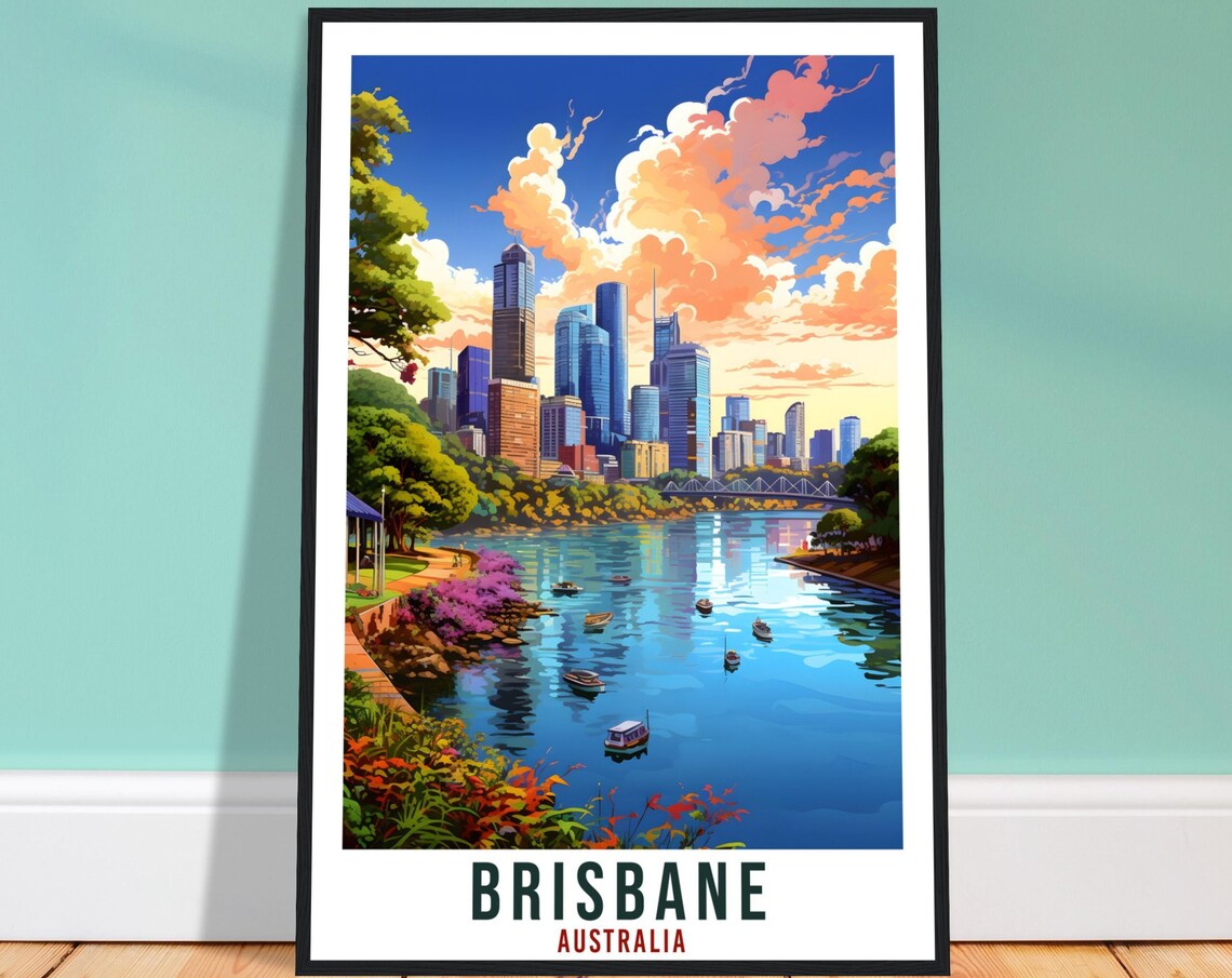 Brisbane Australia River Skyline Vintage Travel Sunset City Poster
