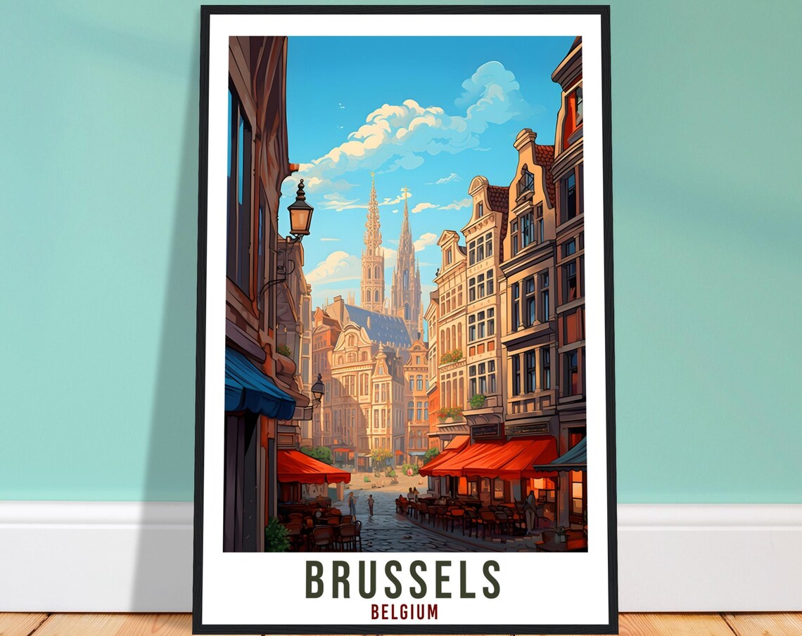 Brussels Belgium Cafe Street Travel Poster Retro Old Town Charm