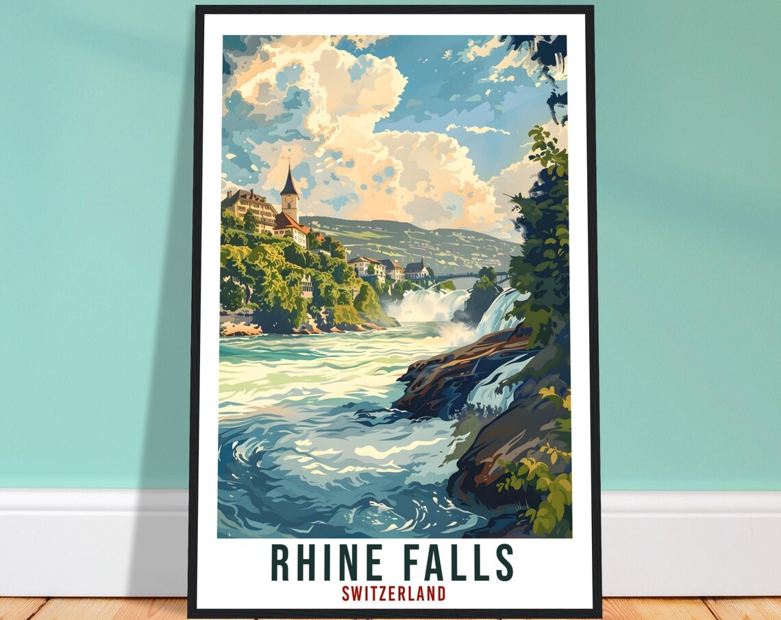 Rhine Falls Switzerland Waterfall Castle Vintage Travel Poster