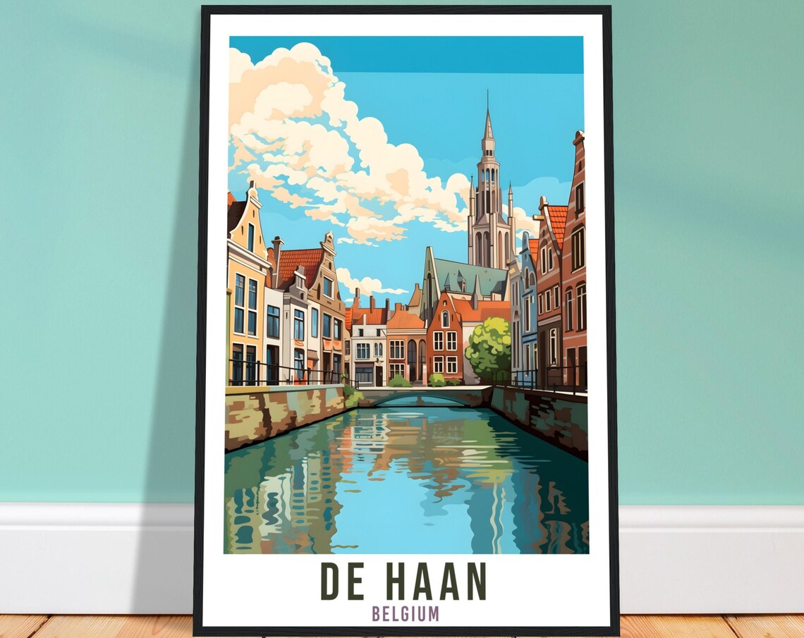 De Haan Belgium Canal Gabled Houses Church Vintage Travel Poster