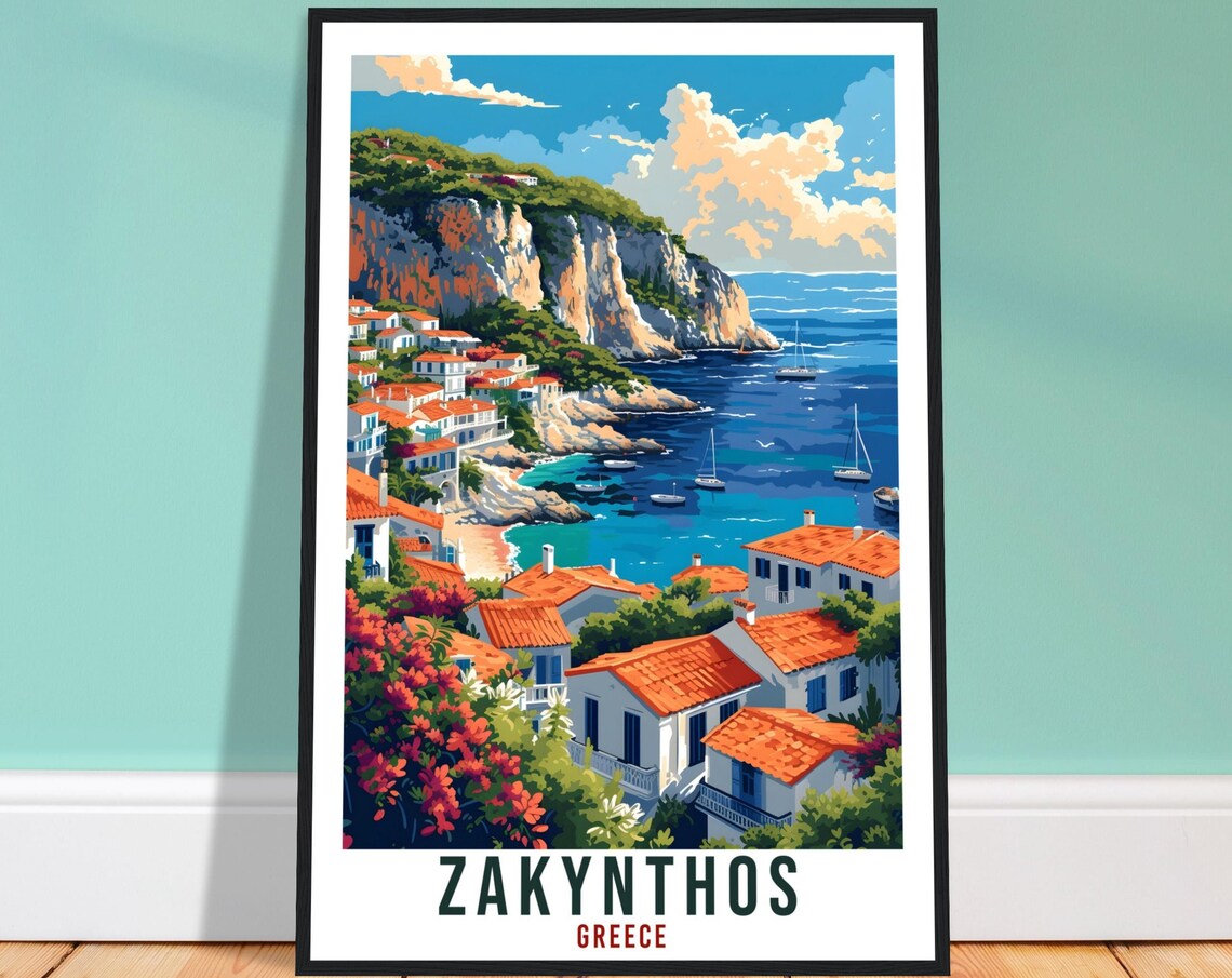 Zakynthos Greece Island Coast Village Sailboats Vintage Travel Poster