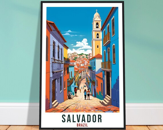 Salvador Brazil Colorful Colonial Old Street and Bell Tower Poster