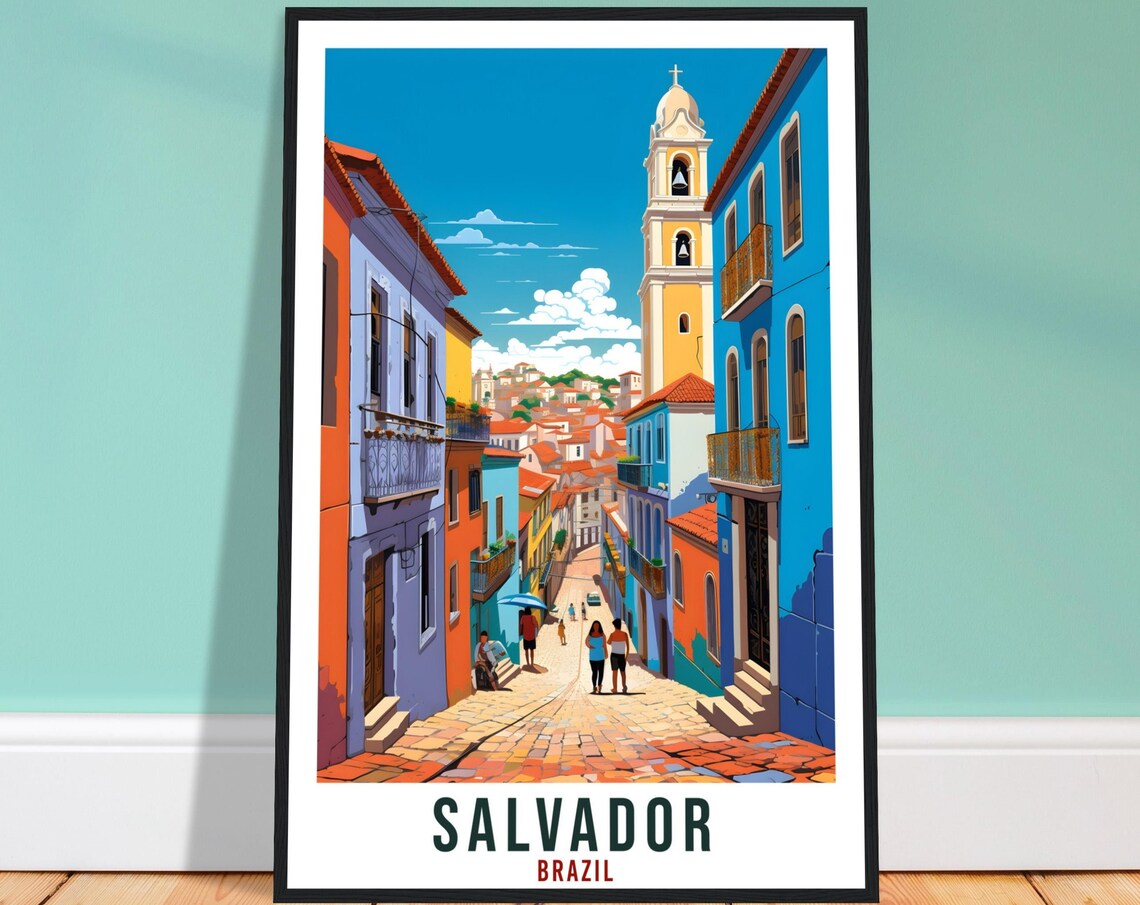 Salvador Brazil Colorful Colonial Old Street and Bell Tower Poster