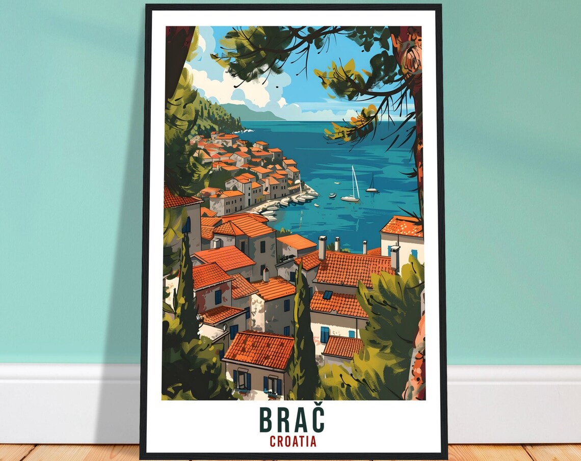 Brac Croatia Vintage Travel Poster Island Village and Pine Trees