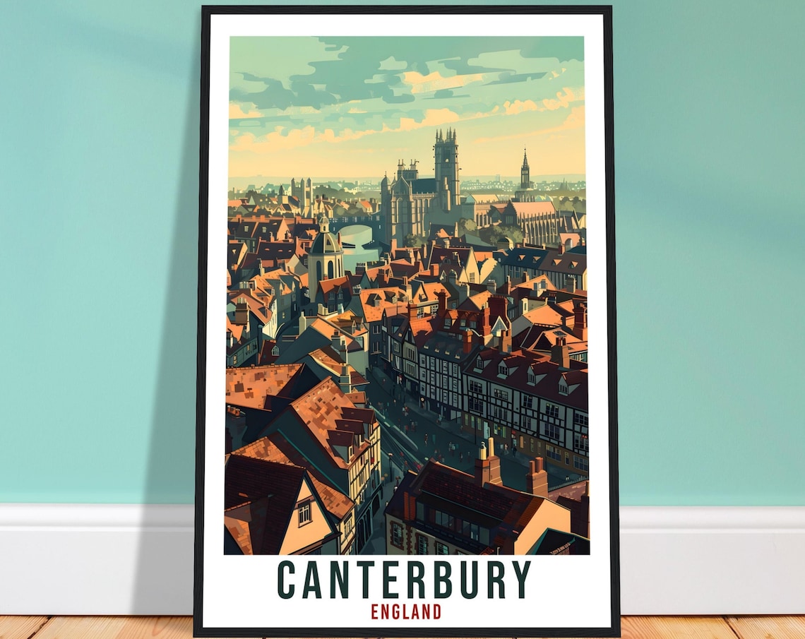 Canterbury England Cathedral Historic Rooftops Skyline Travel Poster