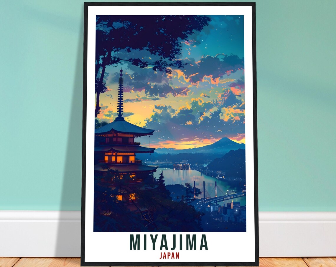 Miyajima Japan Twilight Pagoda Bay Lights Night Travel Poster