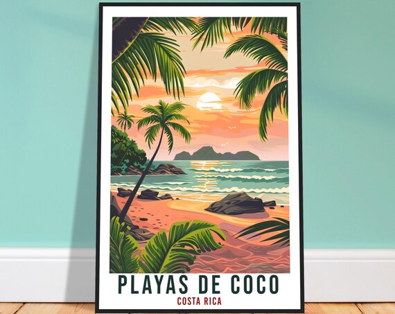 Playas de Coco Costa Rica Beach Sunset Vintage Travel Poster Decor