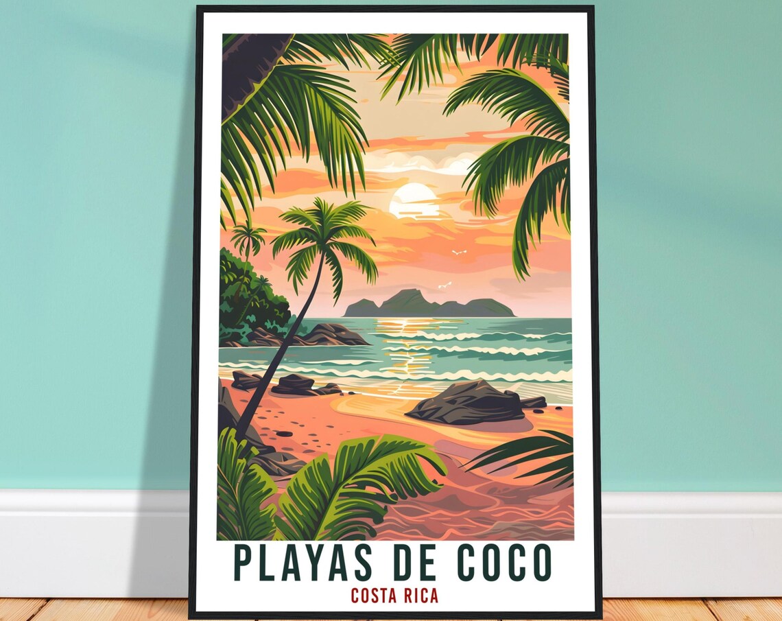 Playas de Coco Costa Rica Beach Sunset Vintage Travel Poster Decor