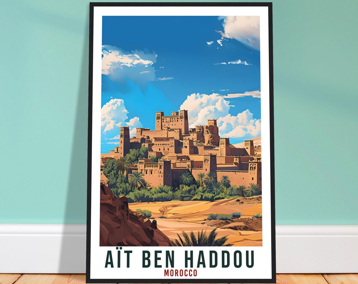 Ait Ben Haddou Morocco Earthen Kasbah Palm Grove Desert Travel Poster