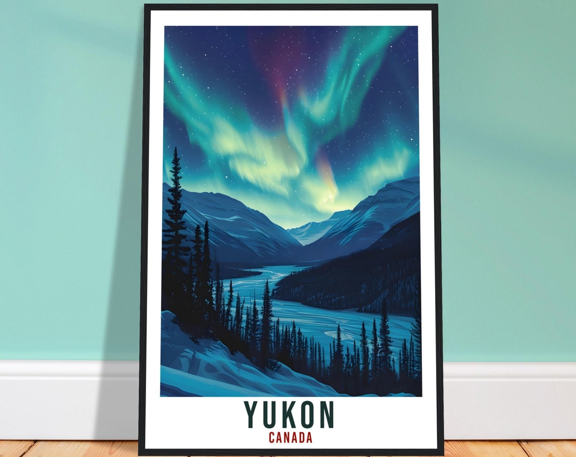 Yukon Canada Northern Lights Aurora River Valley Travel Poster