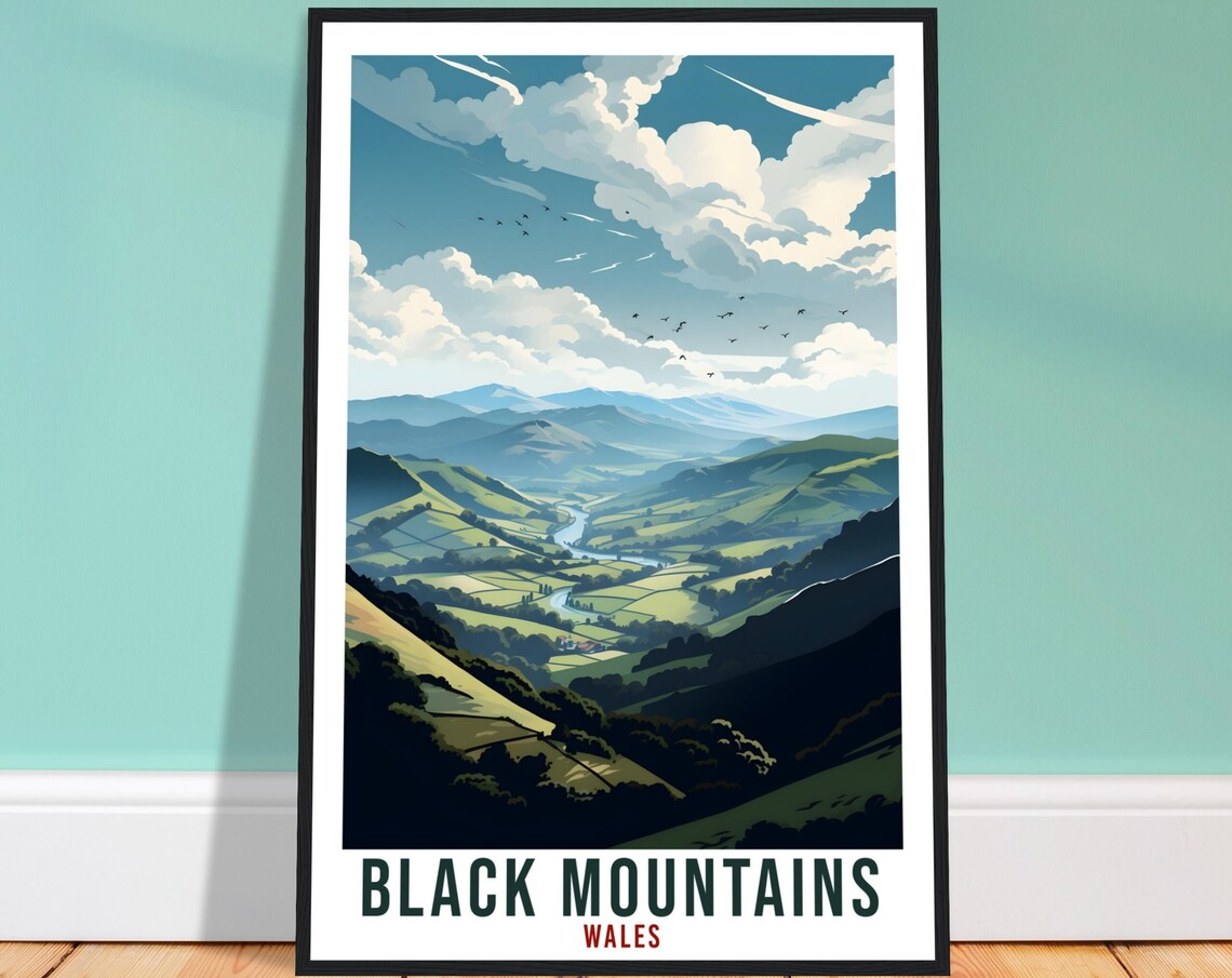 Black Mountains Green Valleys Cloudy Sky Wales Vintage Scenic Poster