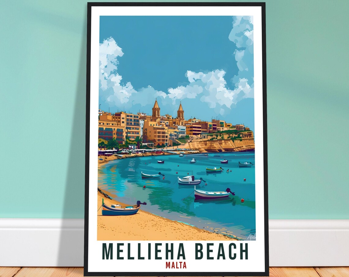 Mellieha Beach Malta Colorful Harbor Boat Scene Travel Poster