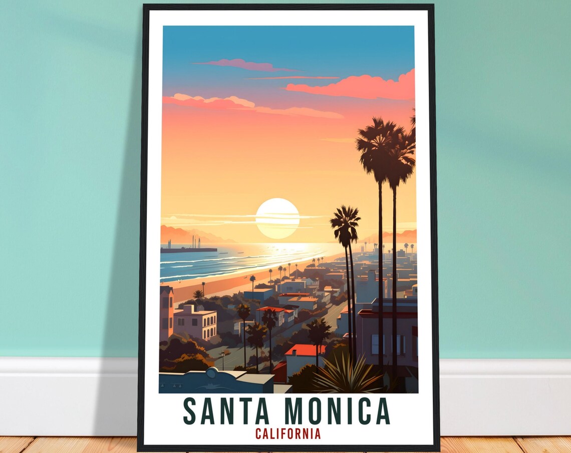 Santa Monica California Beach Sunset Palm Trees Travel Poster