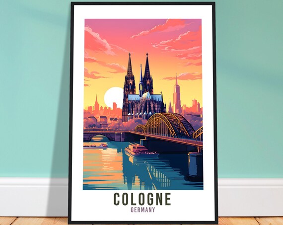 Cologne Germany Cathedral Bridge Sunset Rhine River Travel Poster