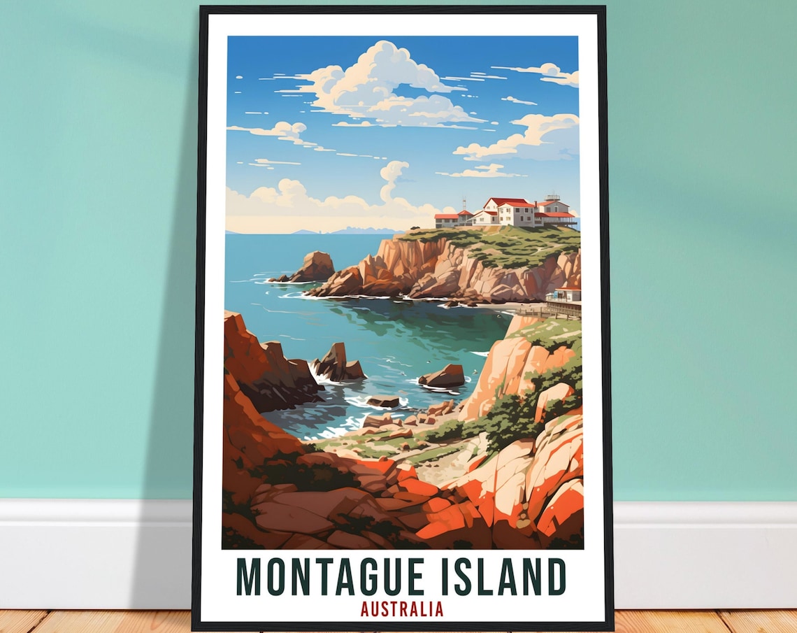 Montague Island Australia Lighthouse Cliffs Vintage Travel Poster