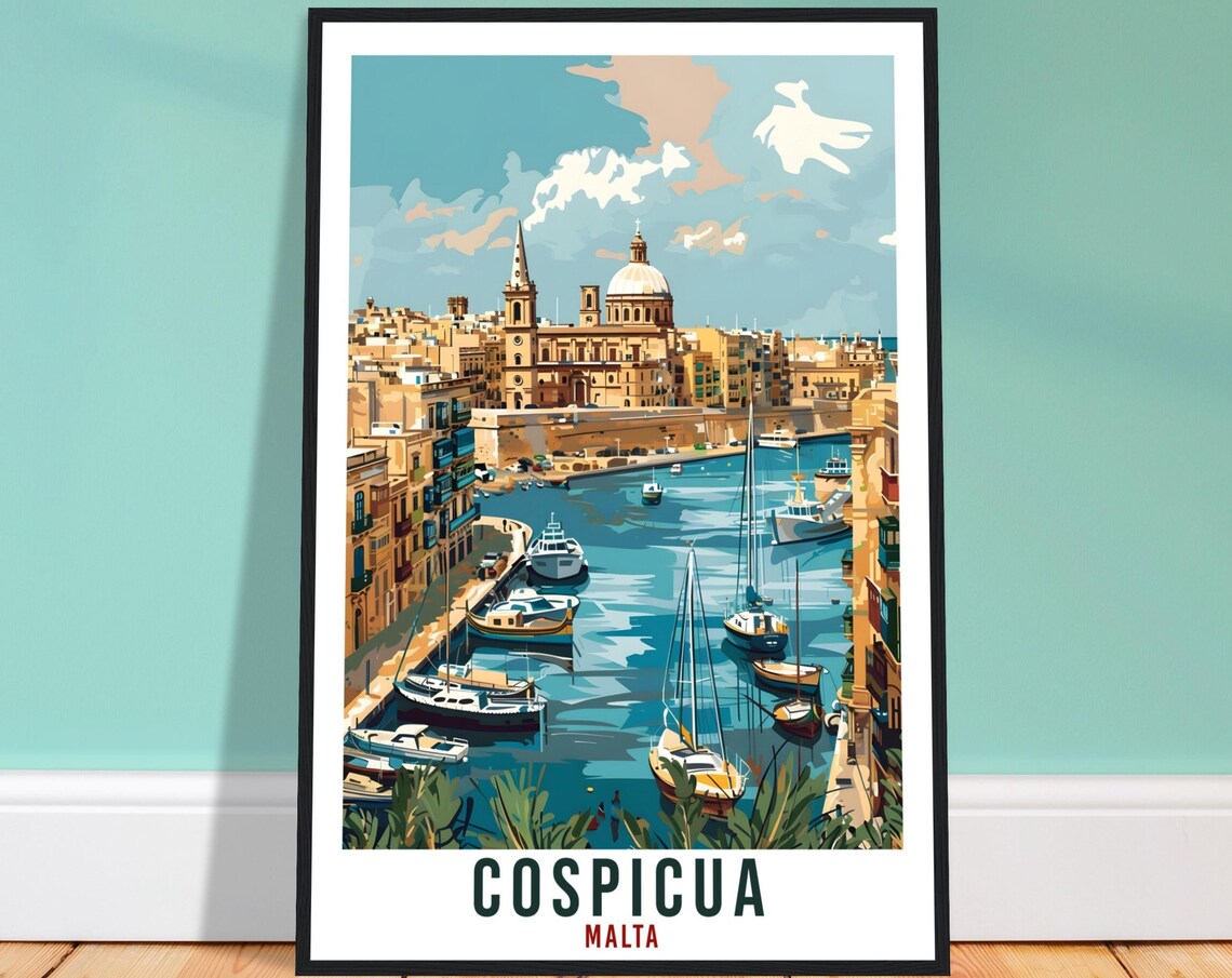 Cospicua Grand Harbour Sailboats Dome Church Malta Vintage Poster