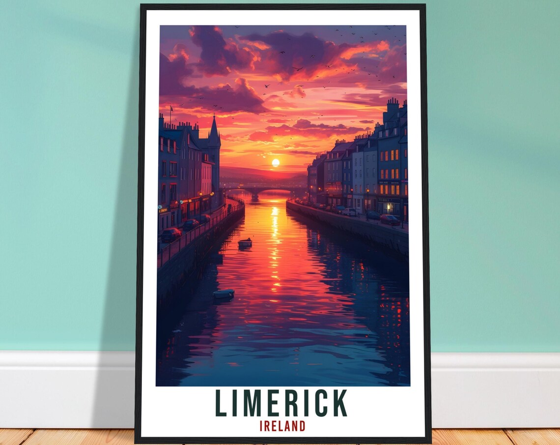 Limerick Ireland River Shannon Sunset City Silhouette Travel Poster