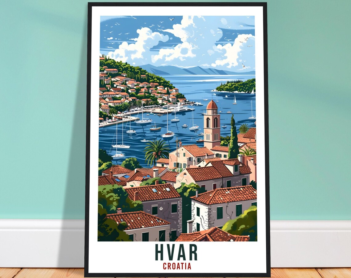Hvar Croatia Island Harbor Sailboats Vintage Style Travel Poster