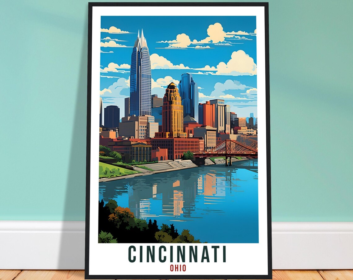 Cincinnati Ohio Skyline Riverfront Queen City Retro Travel Poster