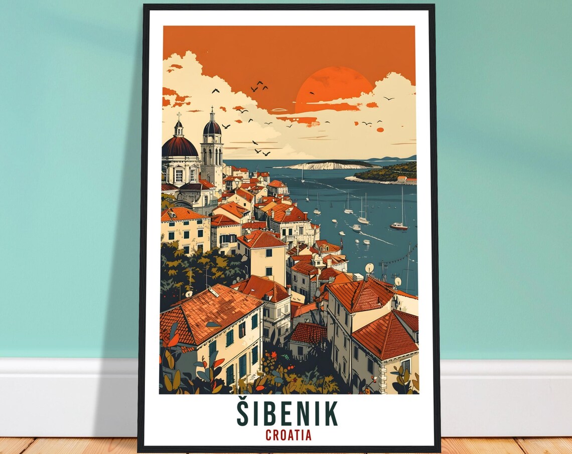 Sibenik Croatia Sunset Travel Poster Harbor Cathedral Coast View