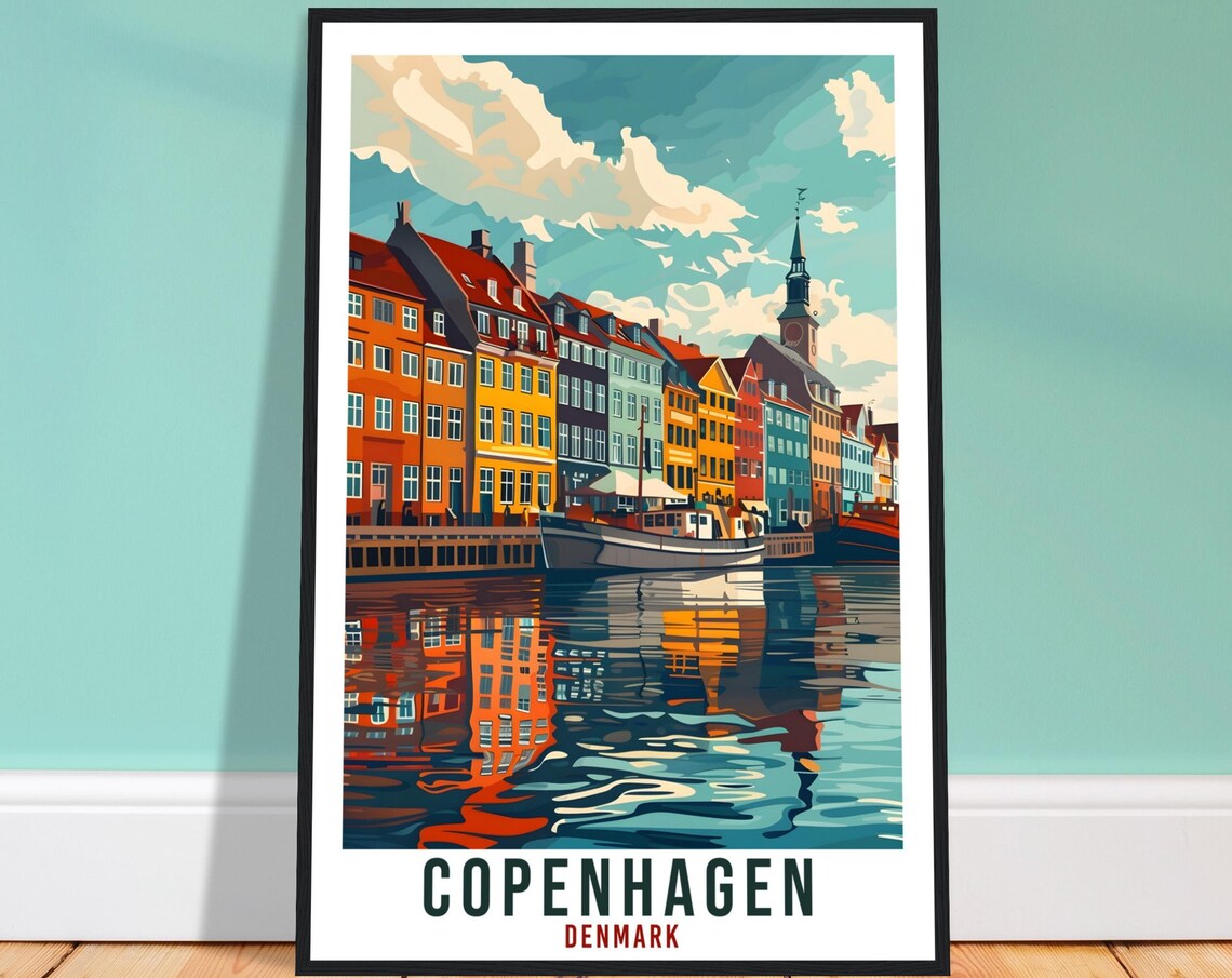 Copenhagen Denmark Nyhavn Harbor Waterfront Illustration Travel Poster