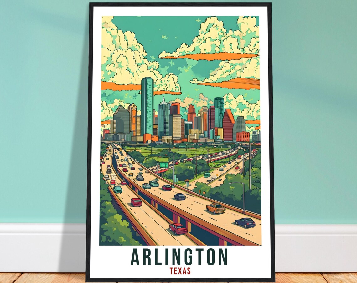 Arlington Texas Downtown Skyline Highway Retro Style Travel Poster