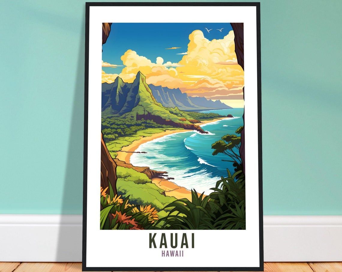 Kauai Hawaii Lush Green Cliffs Beach Surf Waves Travel Poster