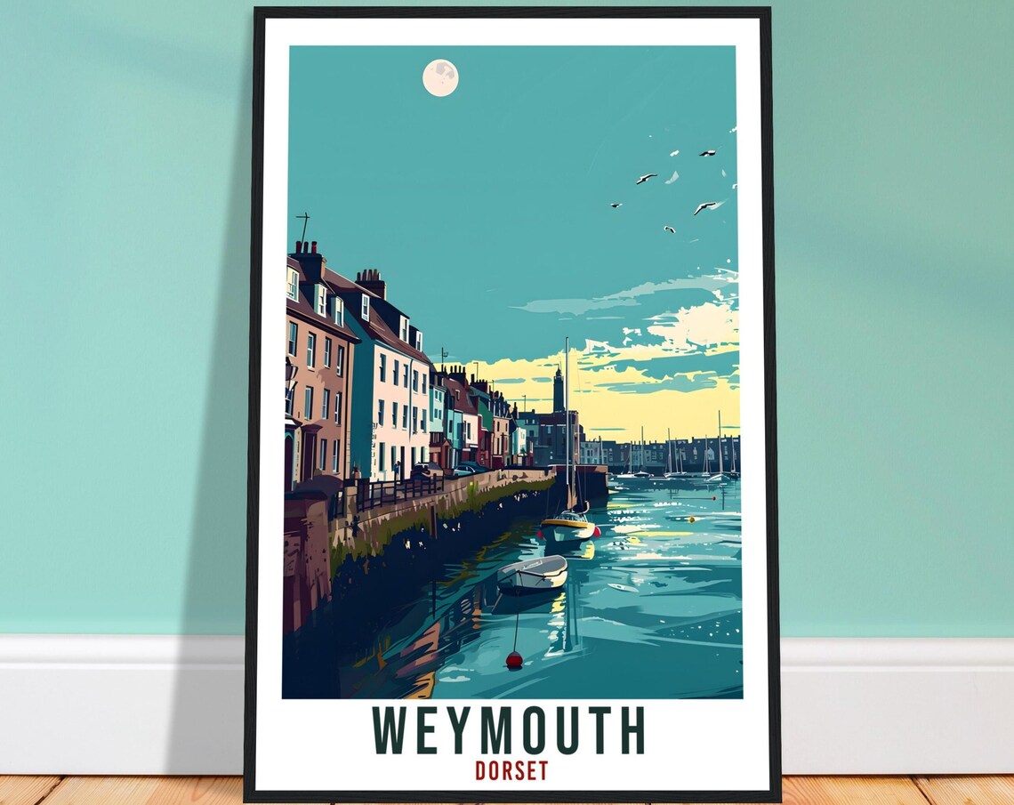 Weymouth Dorset Harbour Moonrise Boats Seaside Night Art Poster