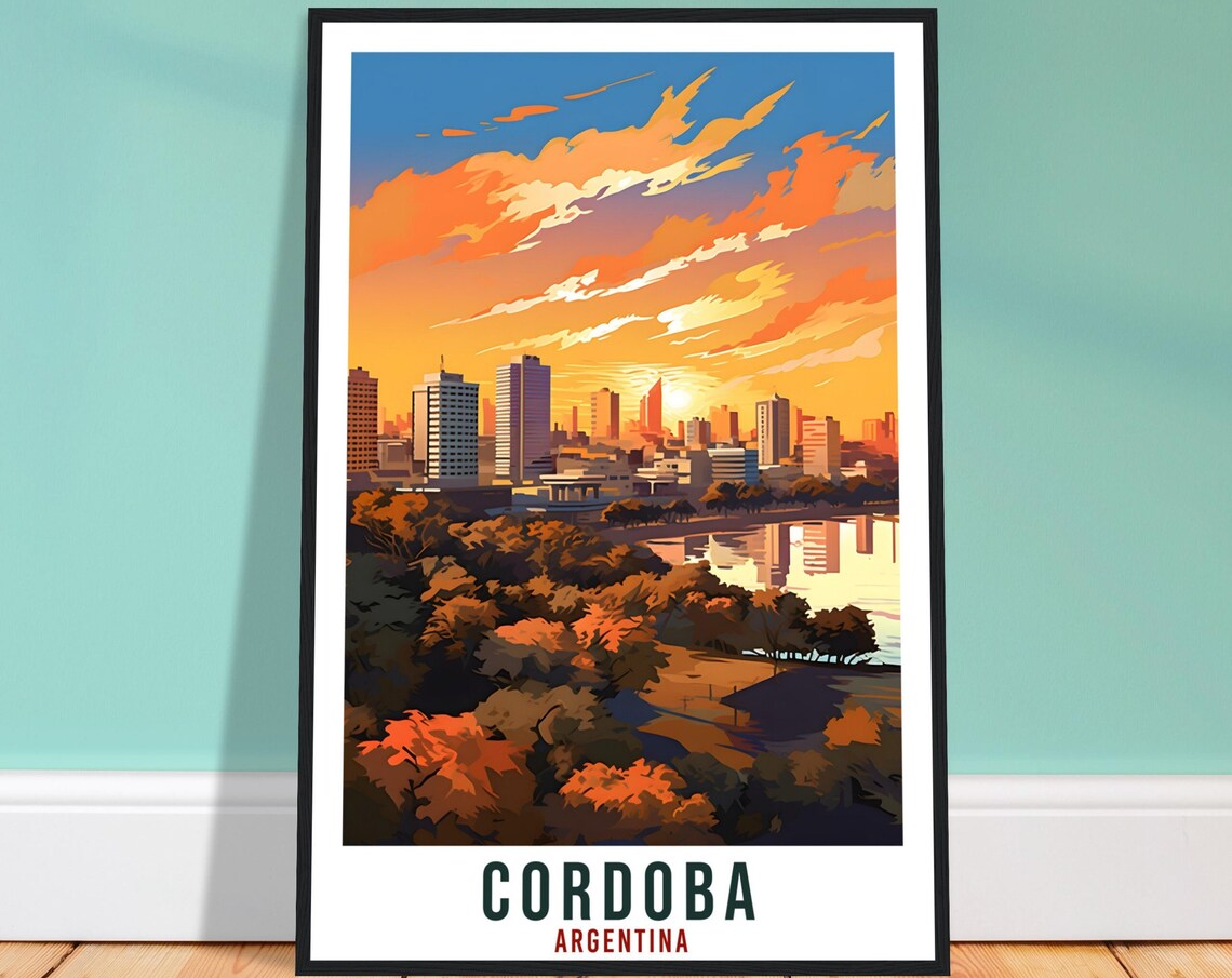 Cordoba Argentina City Skyline Sunset River Retro Travel Poster