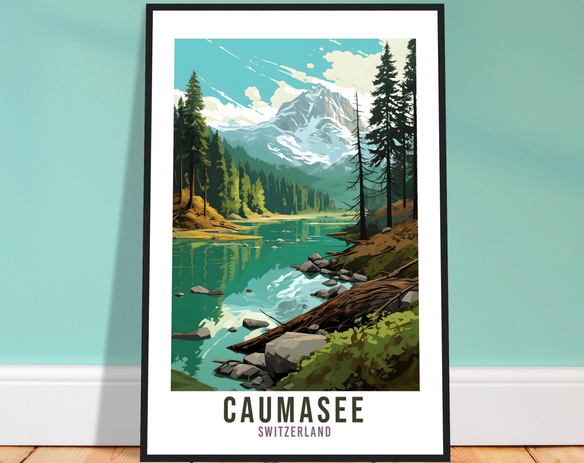 Caumasee Switzerland Lake Travel Poster Alpine Pine Mountain View