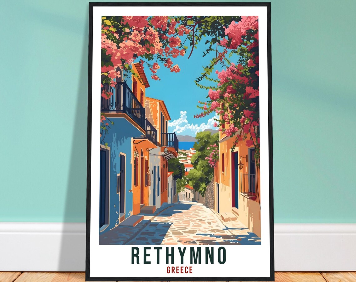 Rethymno Greece Bougainvillea Retro Old Town Lane Travel Poster