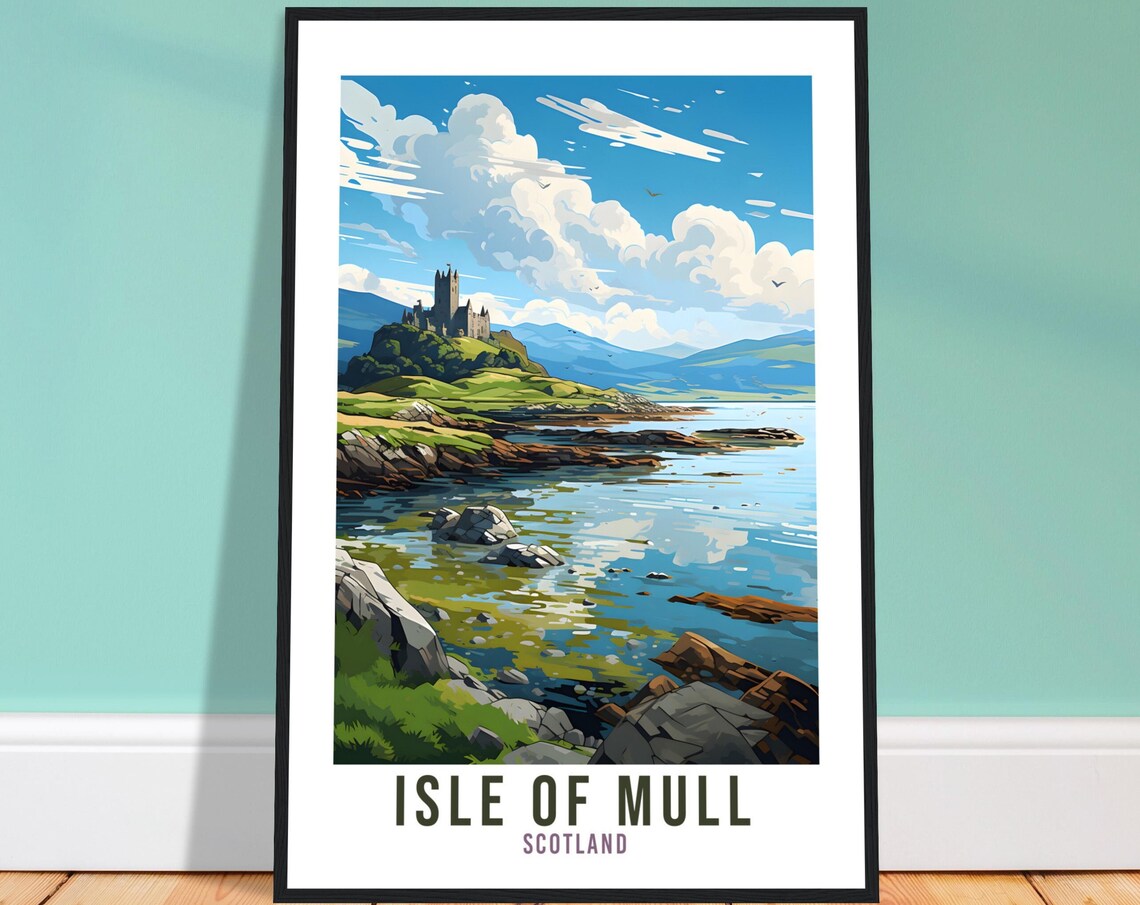 Isle of Mull Scotland Castle Coastline Rocky Shore Travel Poster