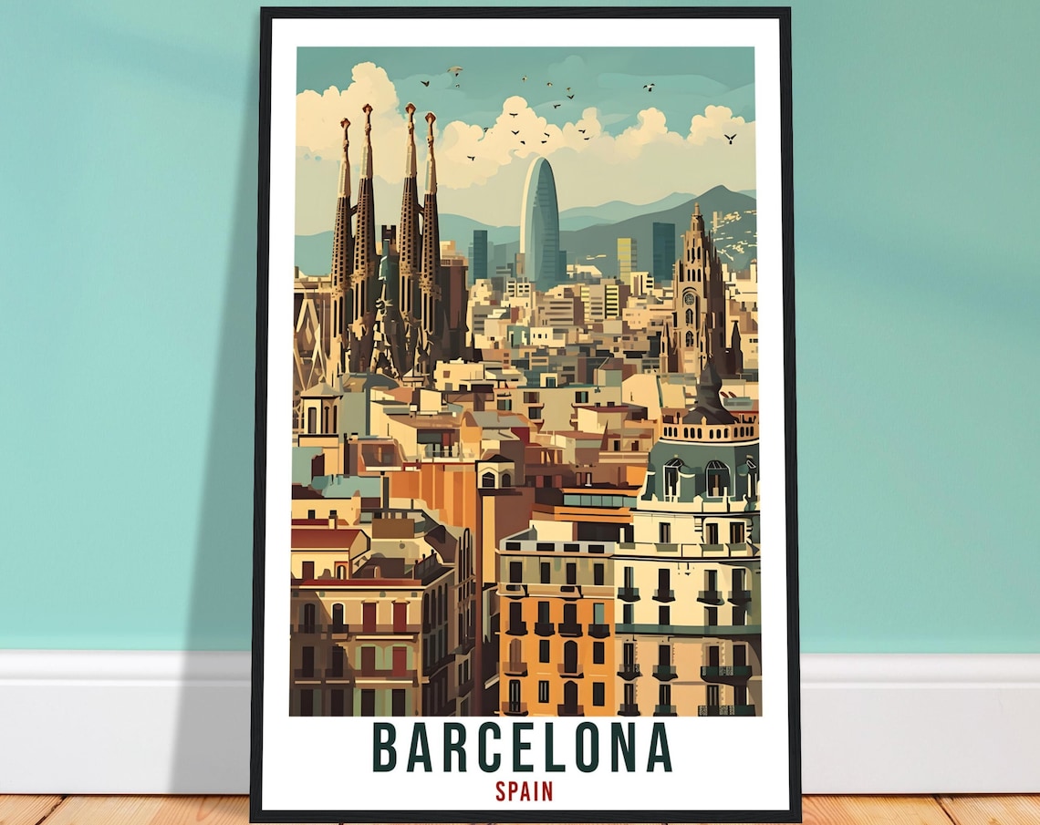 Barcelona Spain City Travel Poster Sagrada Familia Skyline View