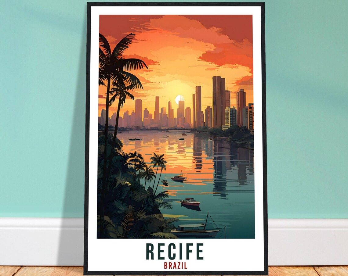 Recife Brazil Tropical Sunset Waterfront Palm Harbor Travel Poster