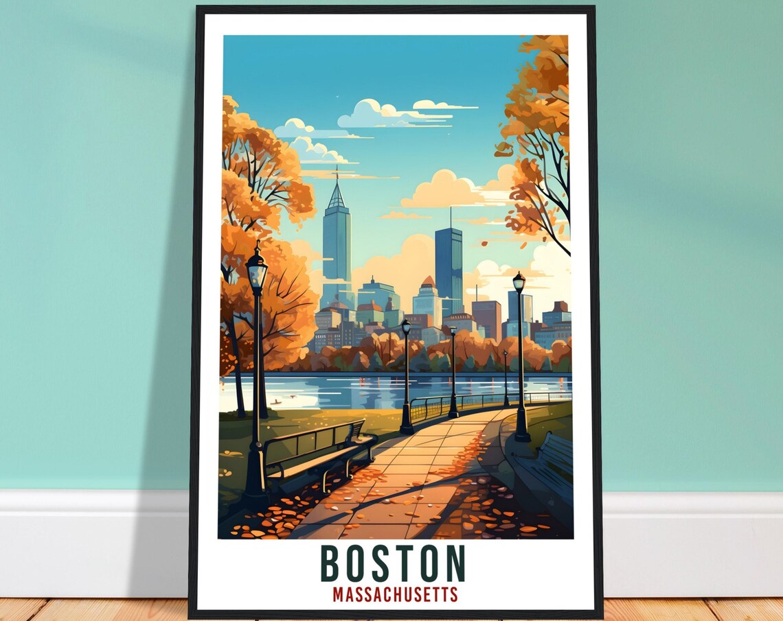 Boston Massachusetts Autumn Park Skyline Lake Fall Travel Poster