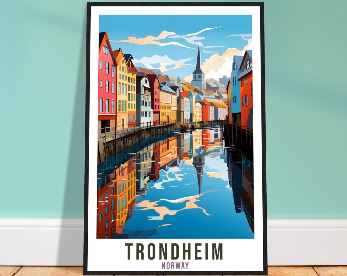 Trondheim Norway Waterfront Travel Poster Colorful River Houses