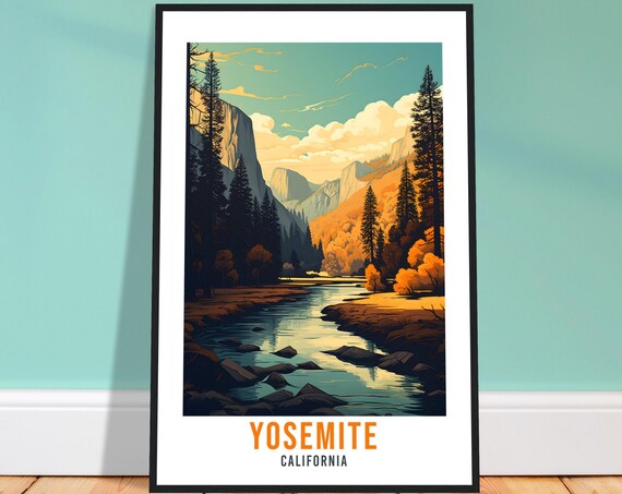 Yosemite California Half Dome River Autumn Pines Travel Poster