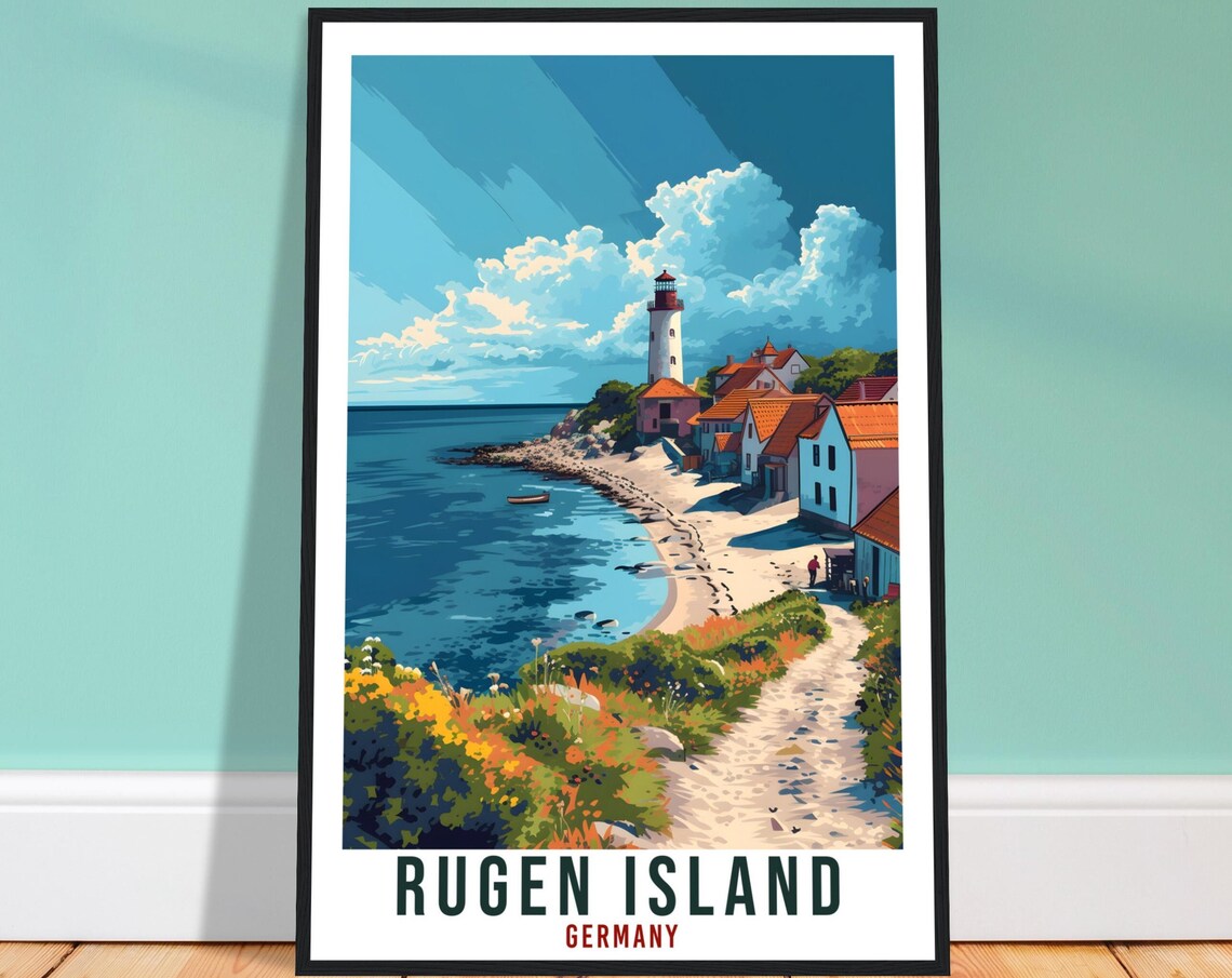 Rugen Island Germany Lighthouse Coastal Village Vintage Travel Poster