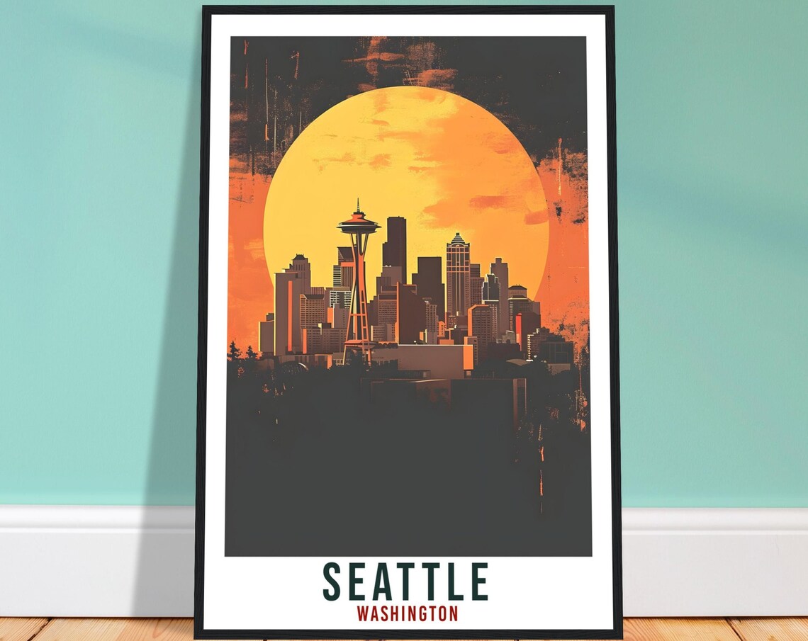 Seattle Washington Skyline Space Needle Sun Vintage Grunge Art Poster