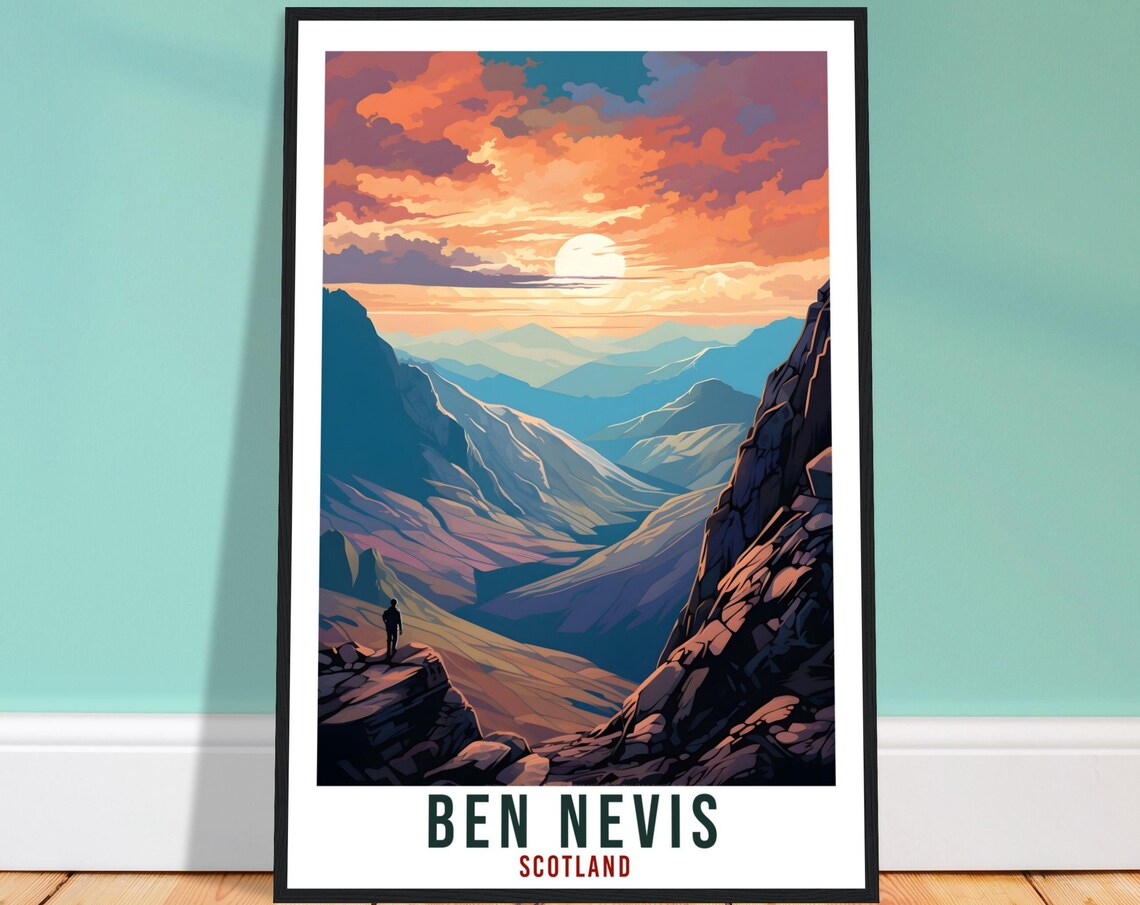 Ben Nevis Scotland Mountain Valley Sunset Hiker Silhouette Poster