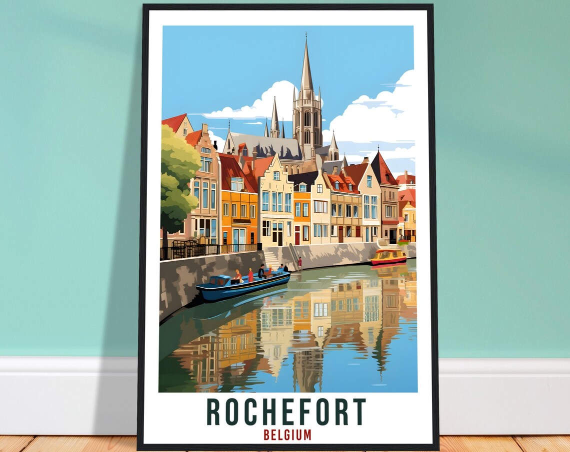Rochefort Belgium Canal Travel Poster Vintage Cityscape Artwork