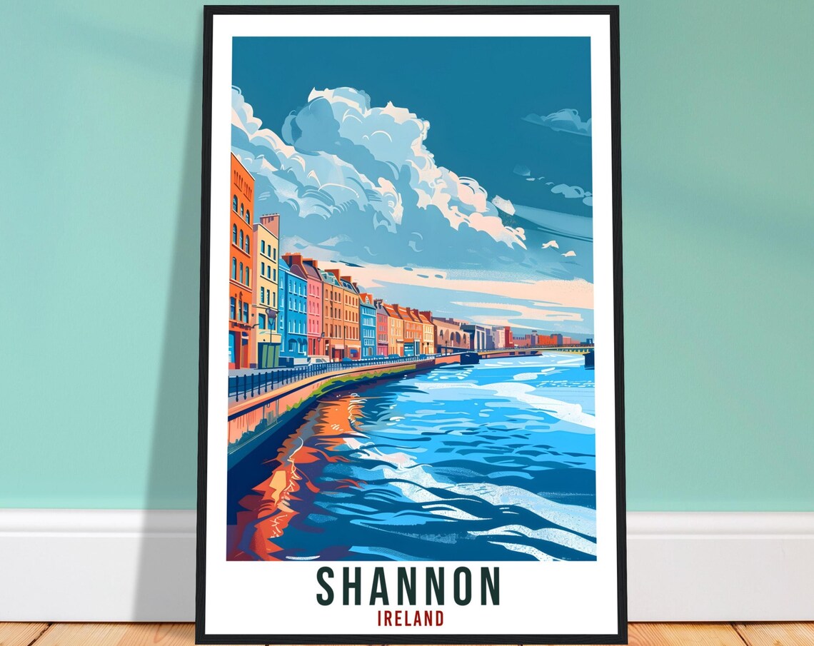 Shannon Ireland Riverside Quay Colorful Buildings Sky Travel Poster