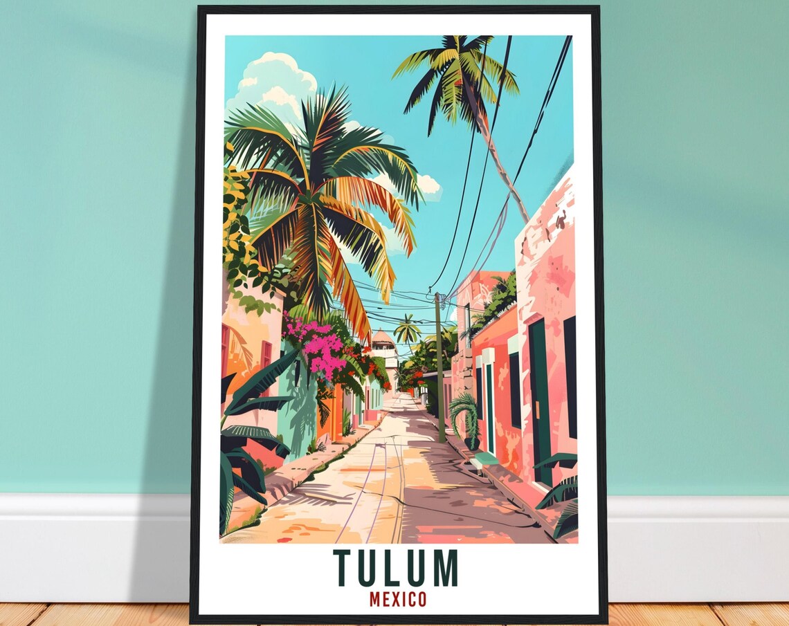 Tulum Mexico Colorful Palm Street Caribbean Town Sunlight Travel Poster