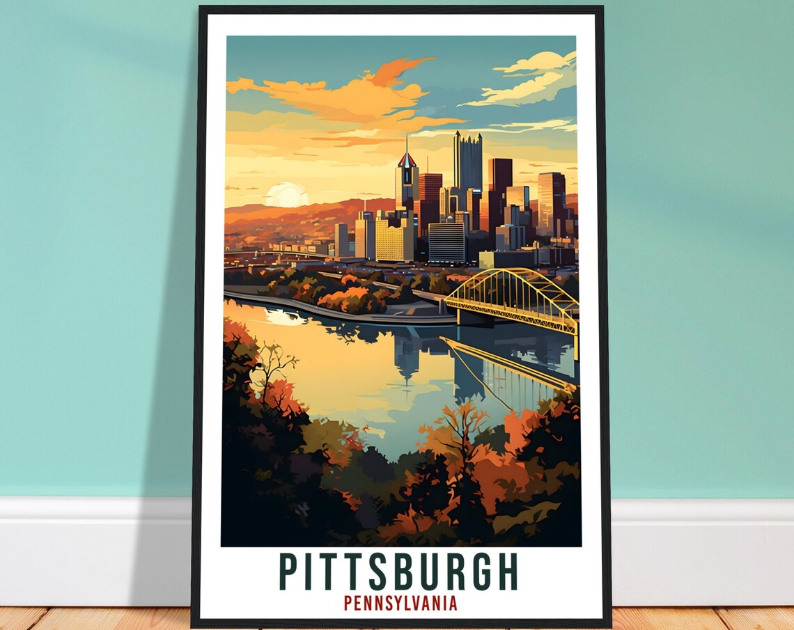 Pittsburgh Pennsylvania Vintage Sunset Skyline Travel Poster
