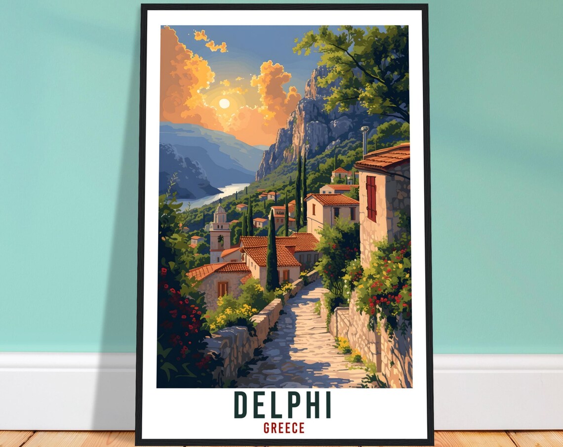 Delphi Greece Stone Village Street at Golden Sunset Travel Poster