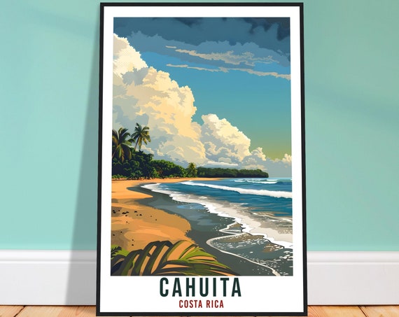 Cahuita Golden Beach Palm Trees Surf Waves Costa Rica Travel Poster