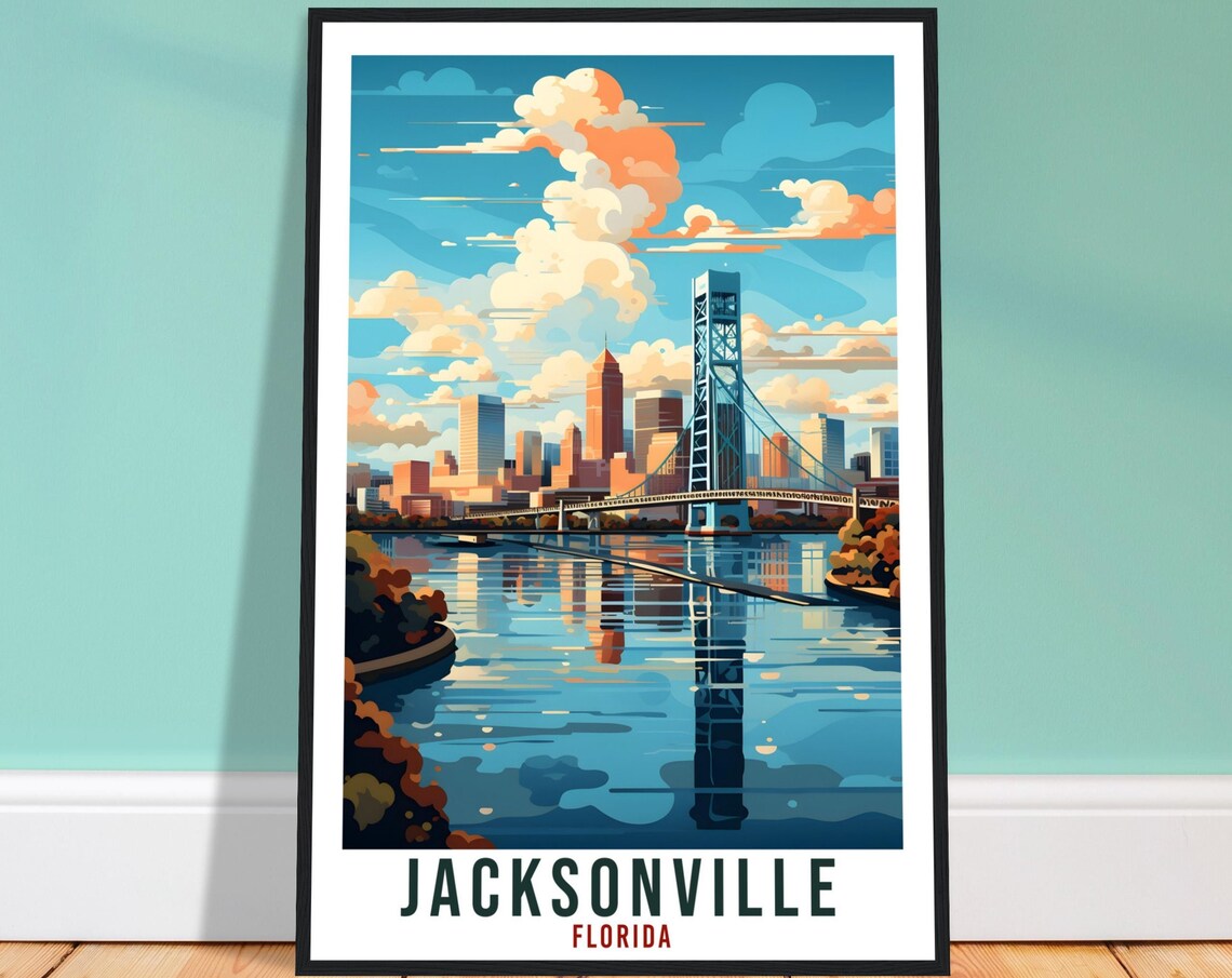 Jacksonville Florida Skyline Bridge Travel Poster Illustration
